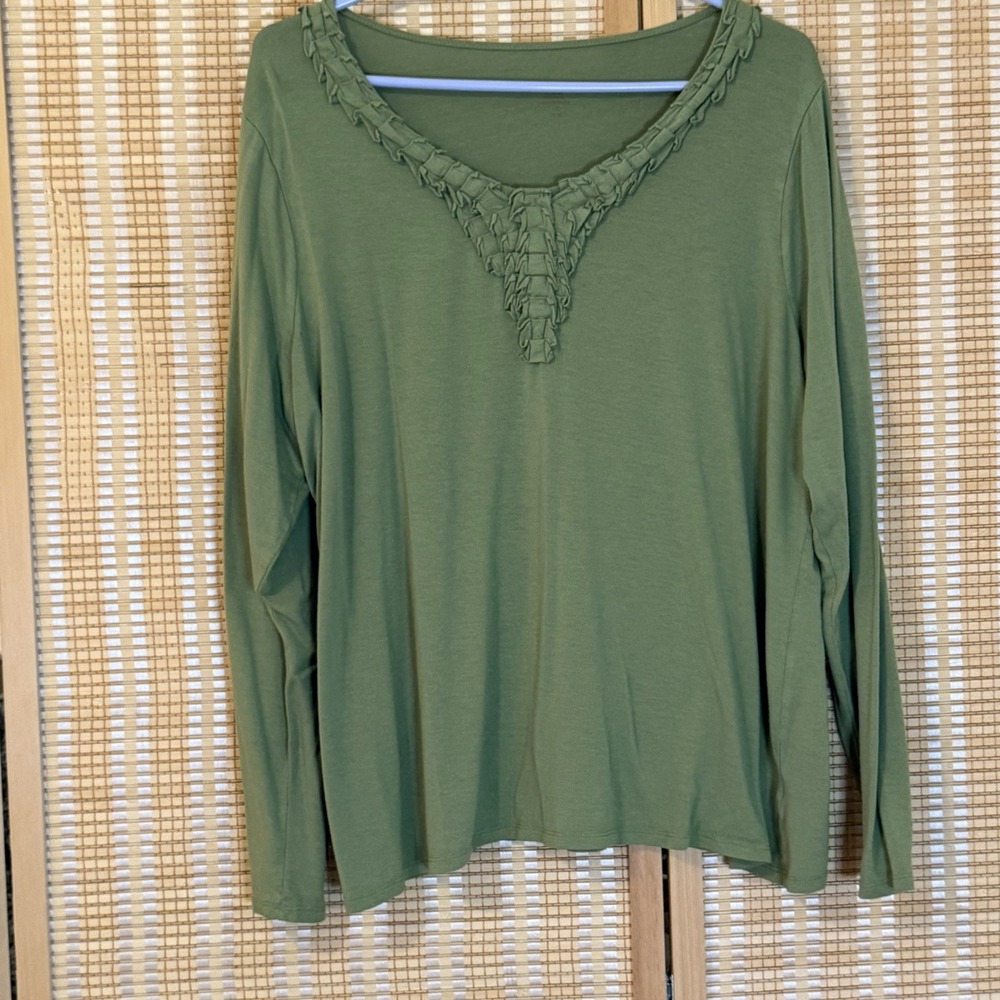 Coldwater Creek Womens 1X‎ Top Green Long Sleeve Ruffles Casual Boho Resortwear